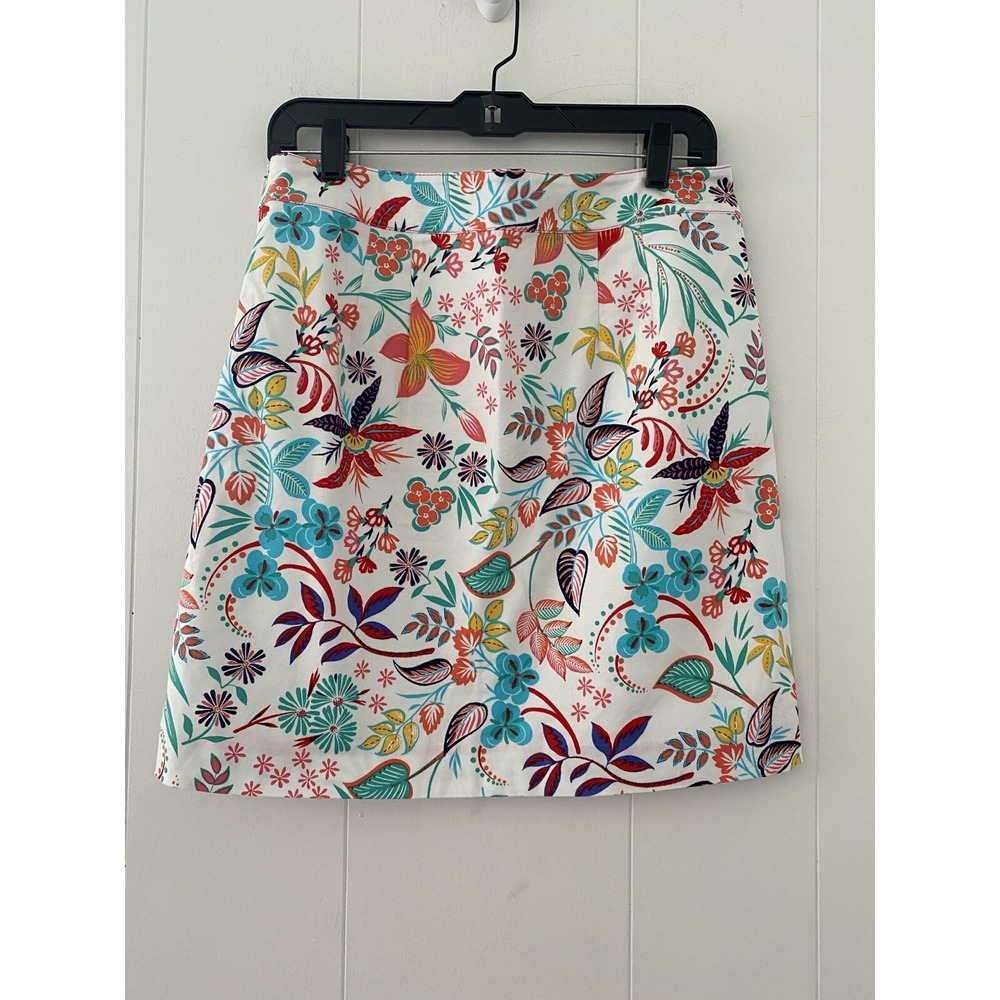 TALBOTS Women Cotton Pencil Skirt SIZE 6 White Canvas Tropical Floral Stretch